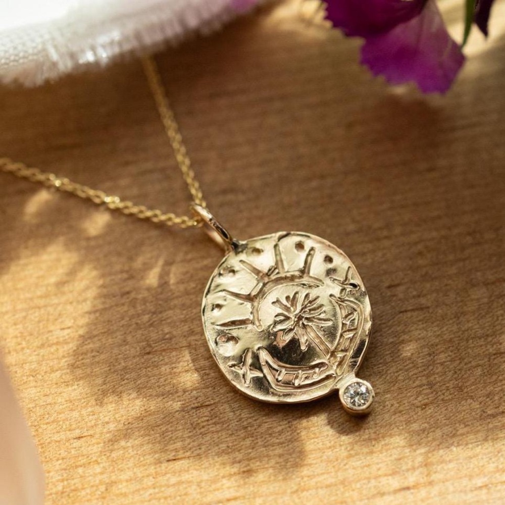 Gold Sun and Palm Disc Pendant 14k and Diamond Necklace handmade fine jewelry